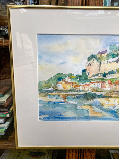 20th Century Colorful Italian Seaside Castle Landscape Framed Watercolor Painting