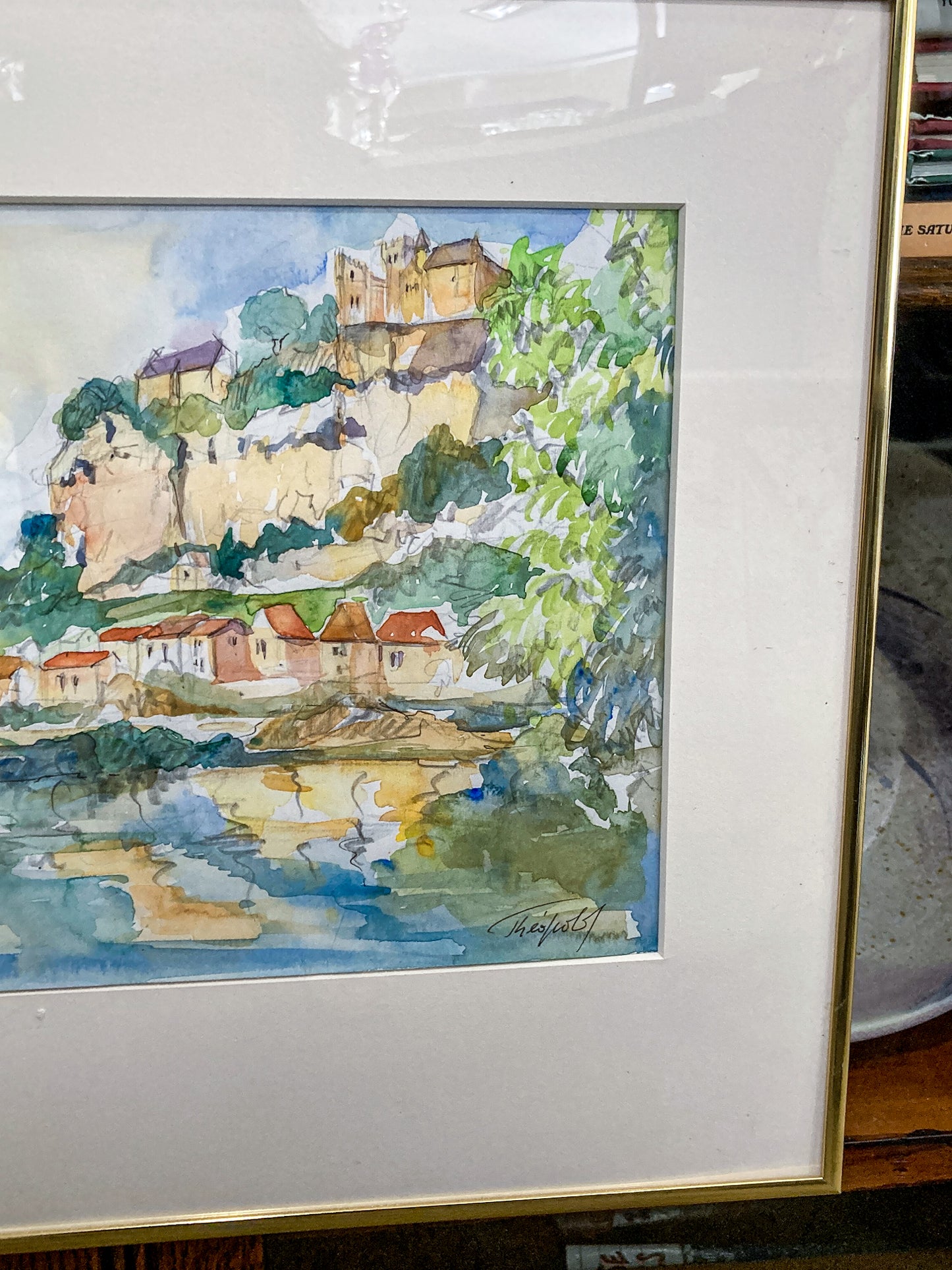 20th Century Colorful Italian Seaside Castle Landscape Framed Watercolor Painting