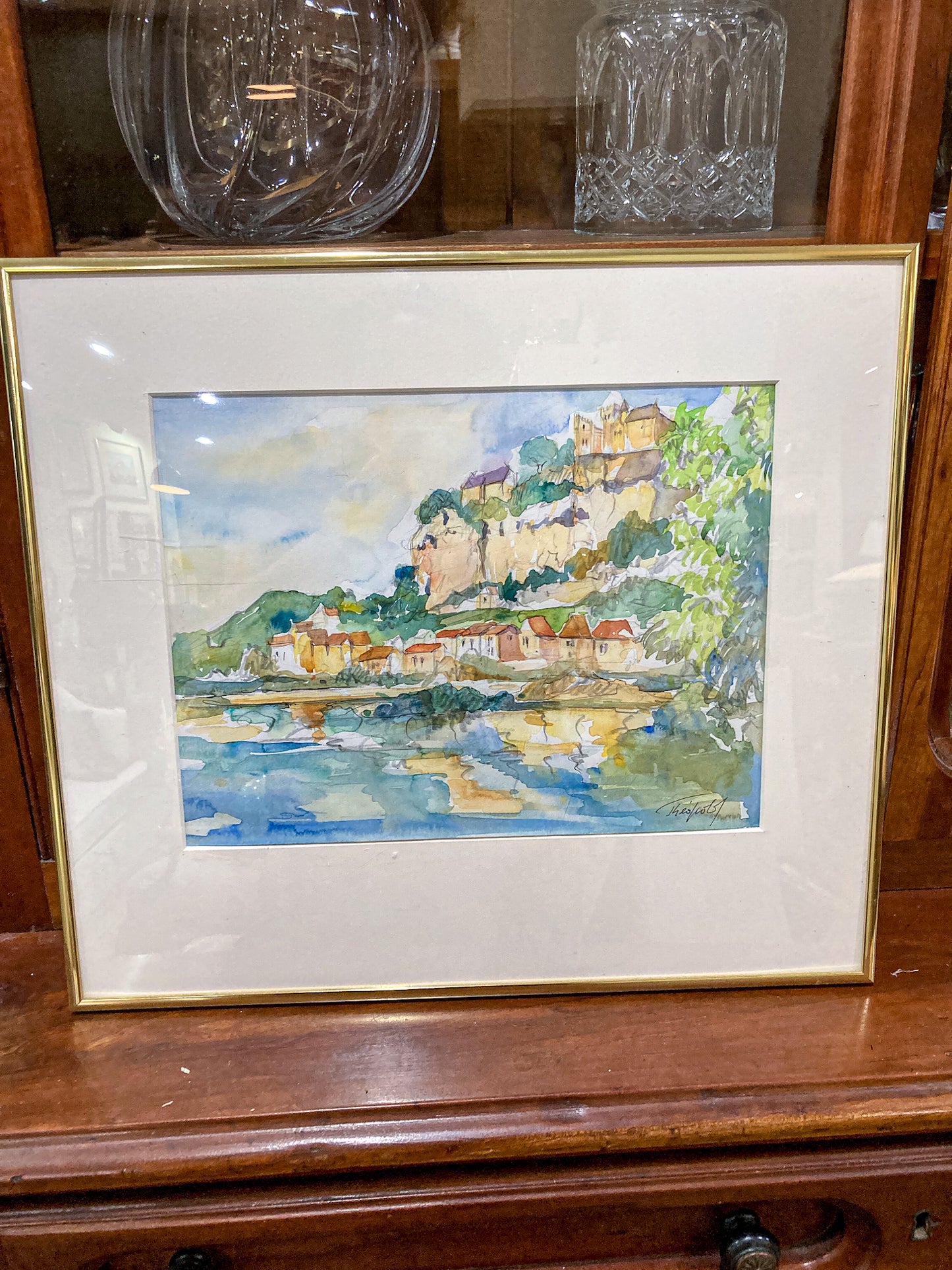 20th Century Colorful Italian Seaside Castle Landscape Framed Watercolor Painting
