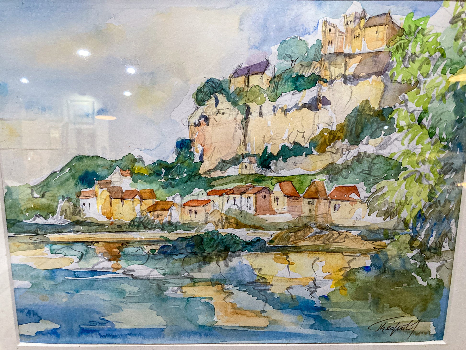 20th Century Colorful Italian Seaside Castle Landscape Framed Watercolor Painting