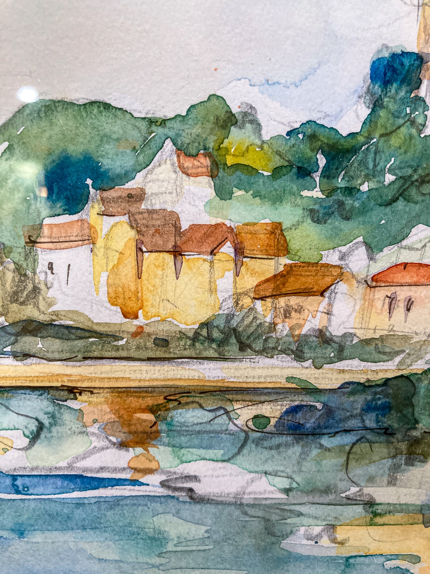 20th Century Colorful Italian Seaside Castle Landscape Framed Watercolor Painting