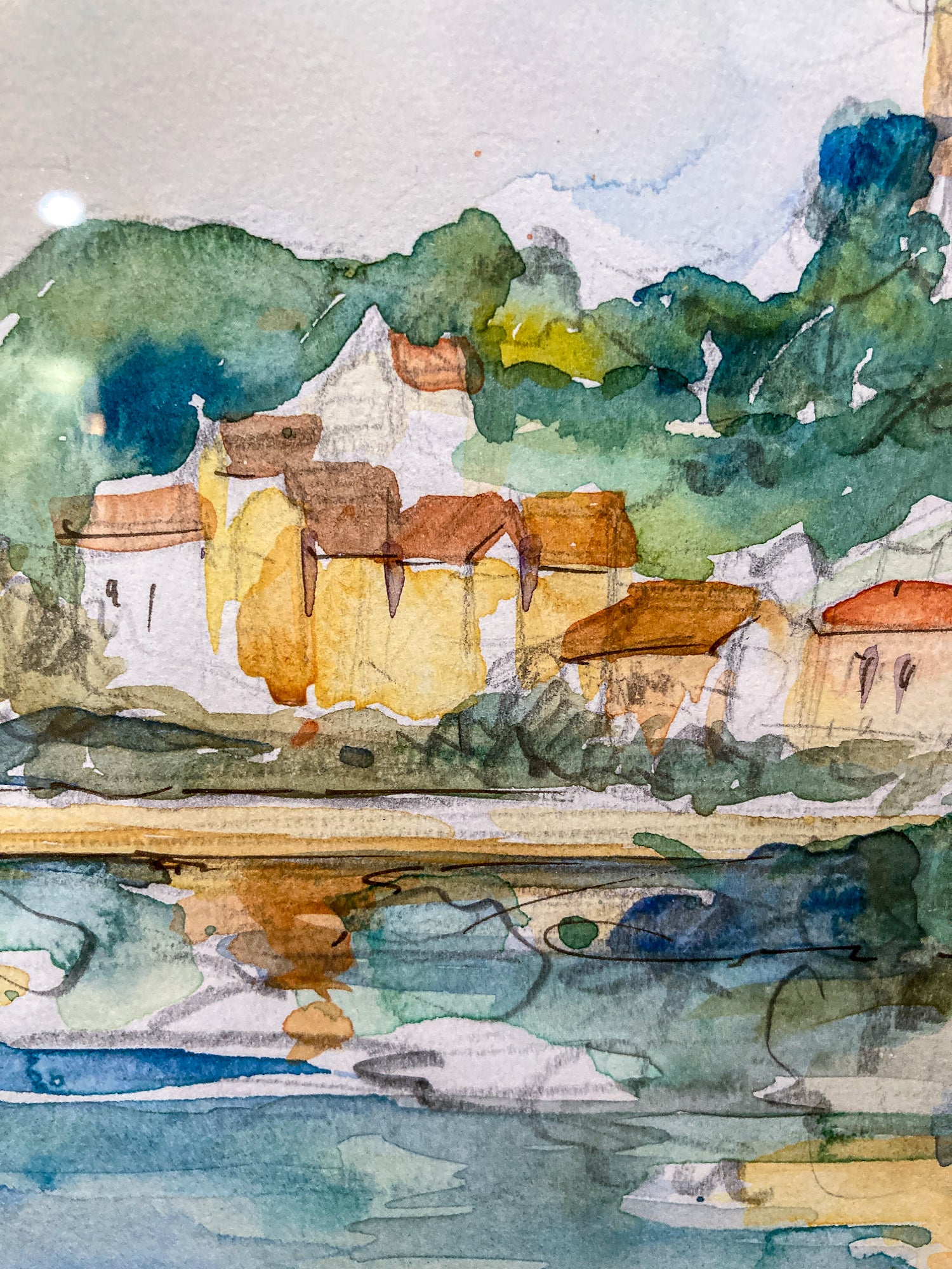 20th Century Colorful Italian Seaside Castle Landscape Framed Watercolor Painting