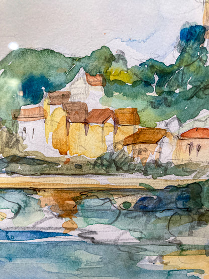 20th Century Colorful Italian Seaside Castle Landscape Framed Watercolor Painting