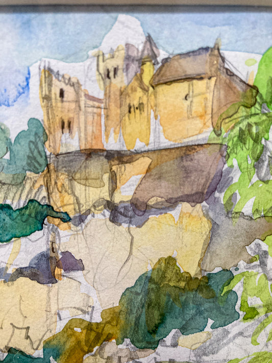 20th Century Colorful Italian Seaside Castle Landscape Framed Watercolor Painting