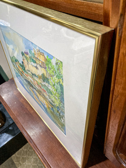 20th Century Colorful Italian Seaside Castle Landscape Framed Watercolor Painting