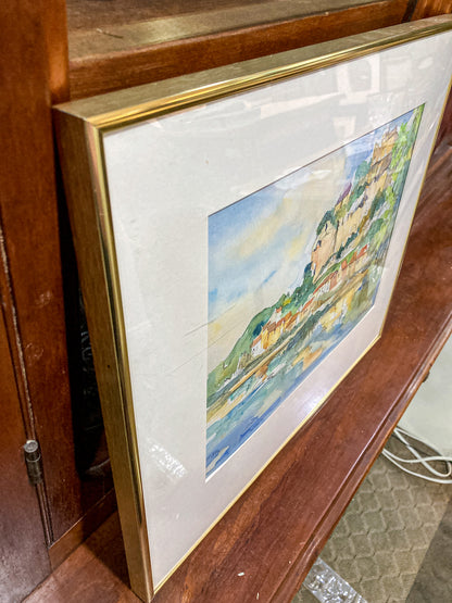 20th Century Colorful Italian Seaside Castle Landscape Framed Watercolor Painting