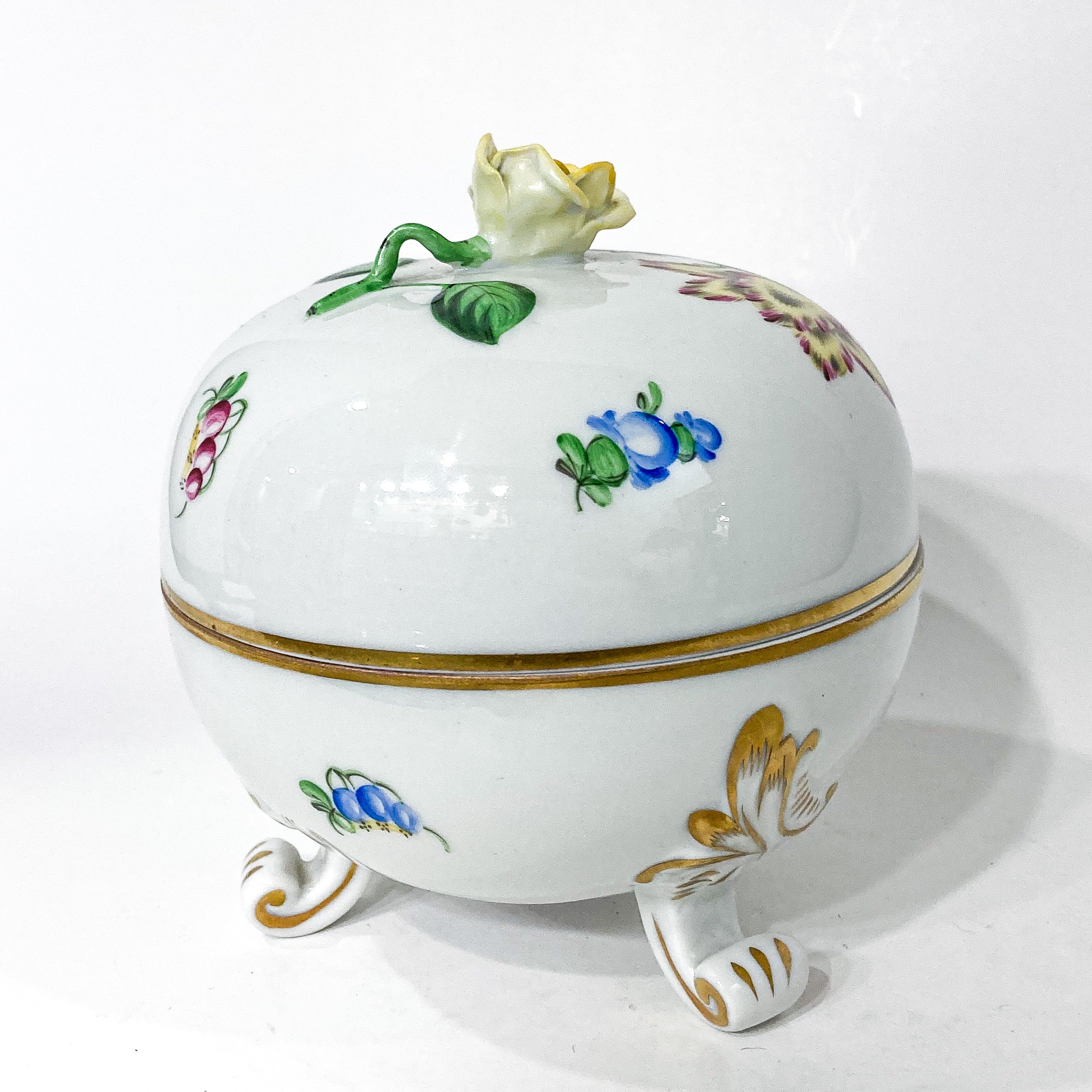 Vintage HEREND Cobalt Blue & 24K Gold Round Porcelain Box With Lid Hand Painted Coronation Pattern Hungary Jewelry Holder hotsell Anniversary Gifts