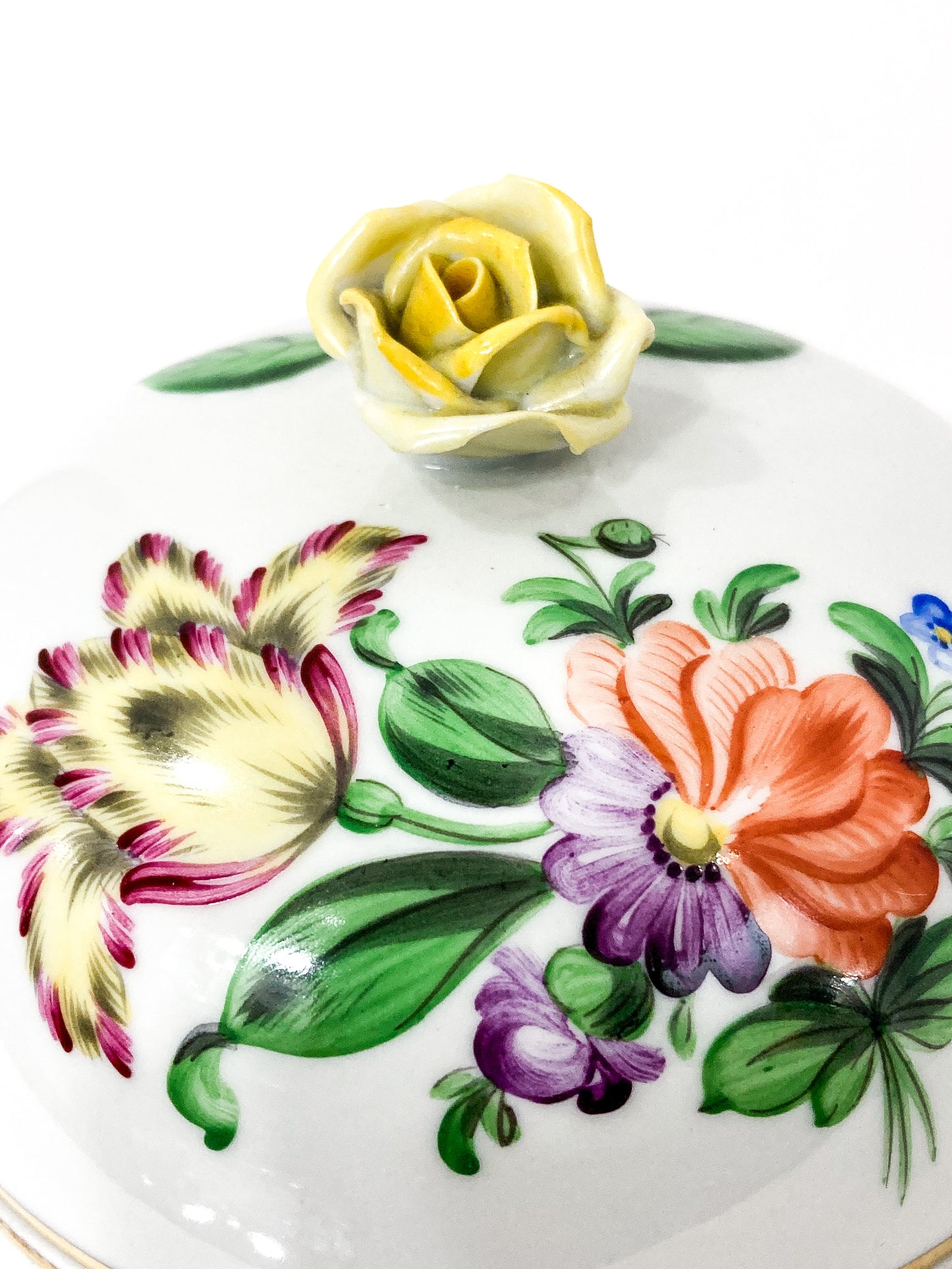 20th Century Herend Hand Painted Porcelain Yellow Rose Trinket Box Close Up Top and Floral Painting