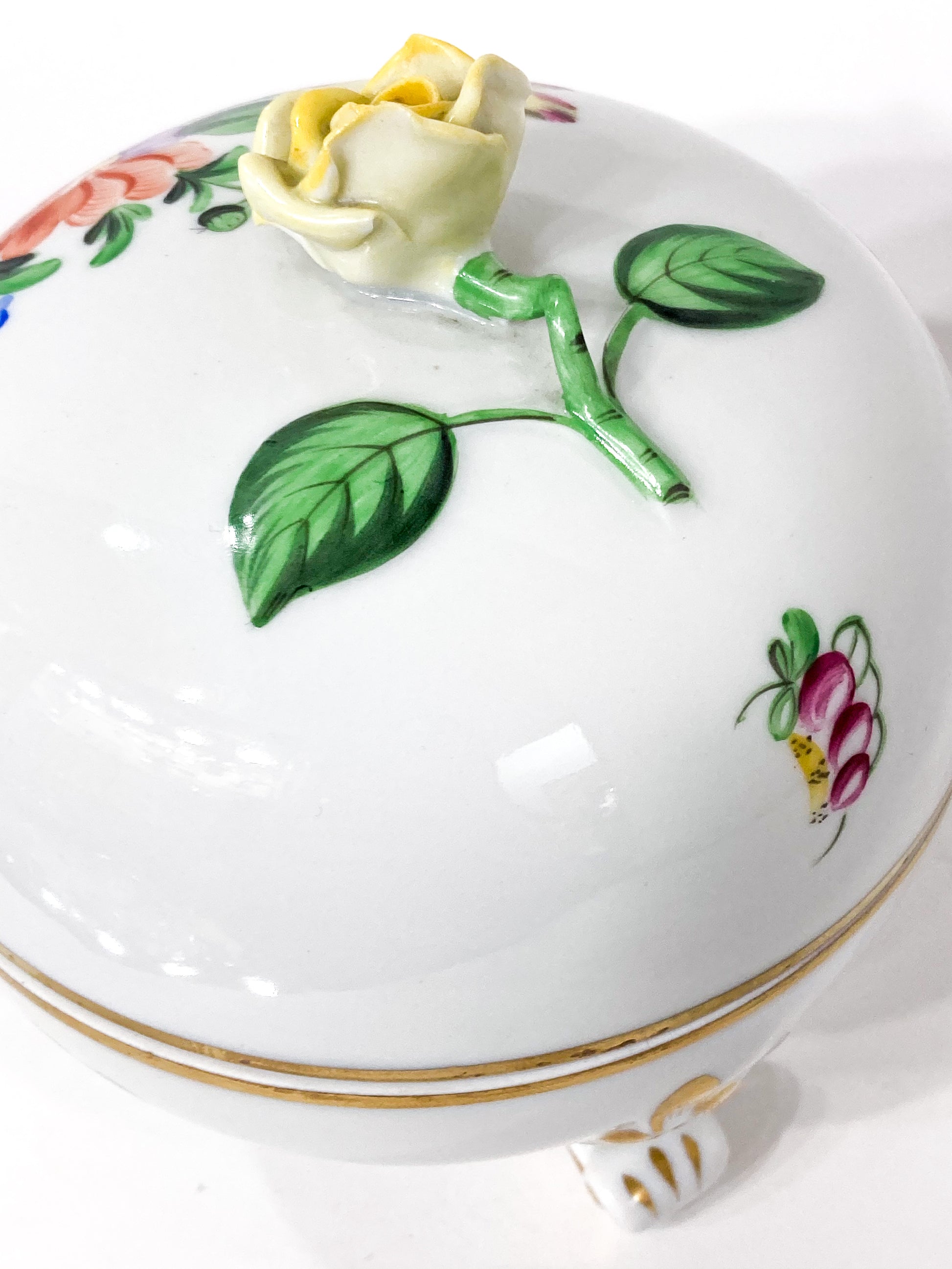 20th Century Herend Hand Painted Porcelain Yellow Rose Trinket Box Close Up Stem Handle