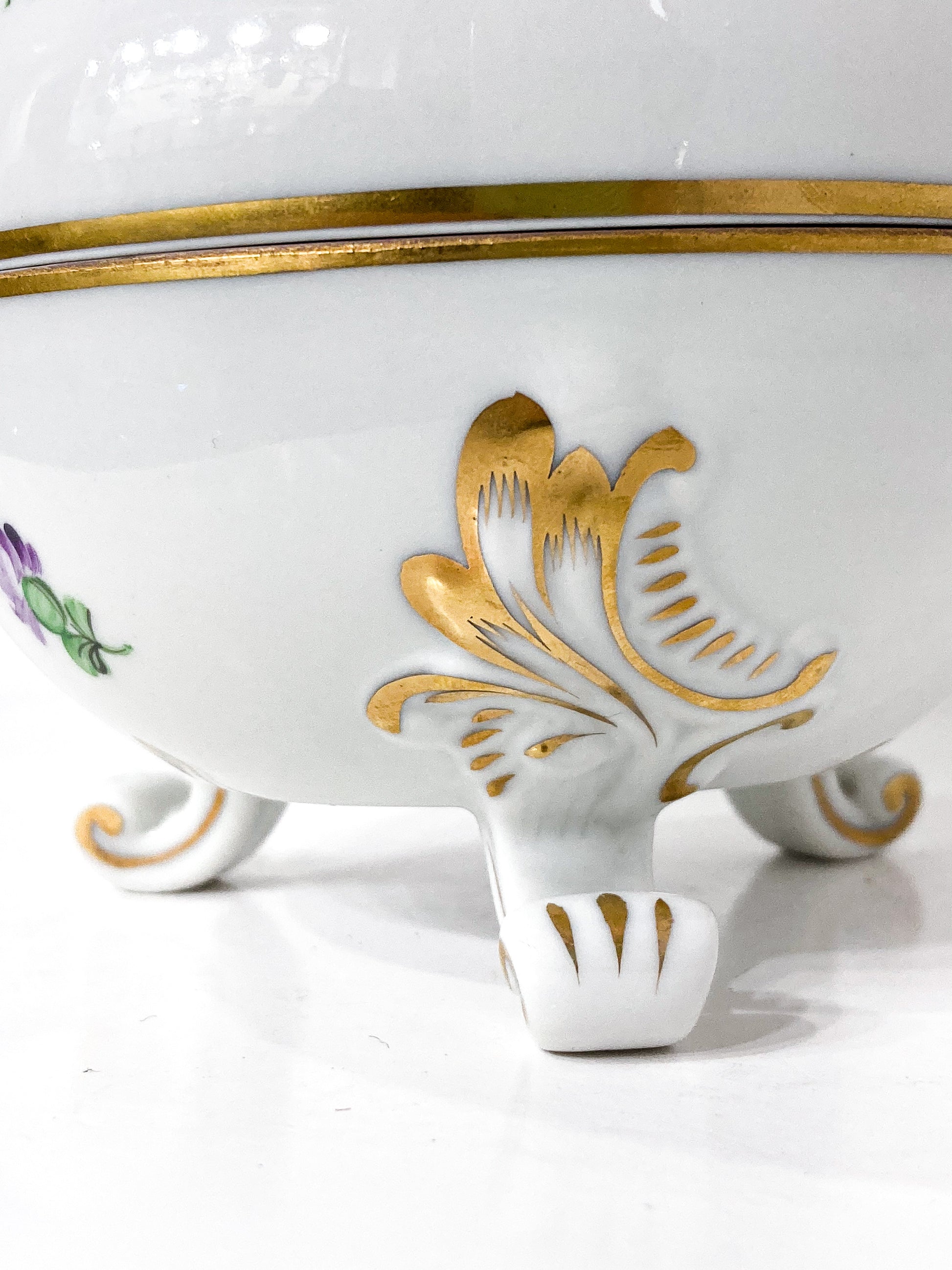 20th Century Herend Hand Painted Porcelain Yellow Rose Trinket Box Close Up Gold Texture on Foot