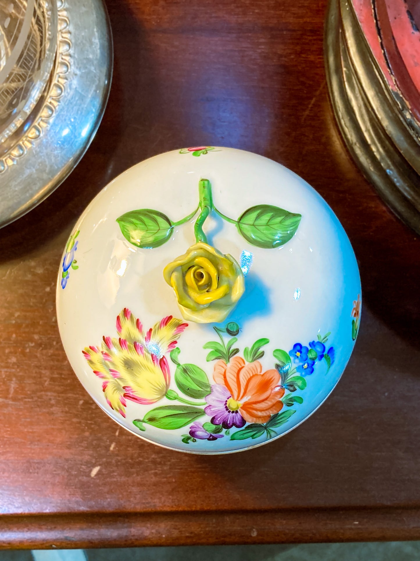 20th Century Herend Hungary Hand Painted Porcelain Yellow Rose Trinket Box