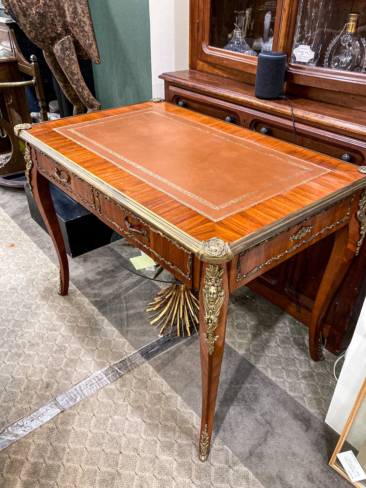 20th Century Louis XV Style Tooled Leather Top Rosewood Bureau Plat Desk Table