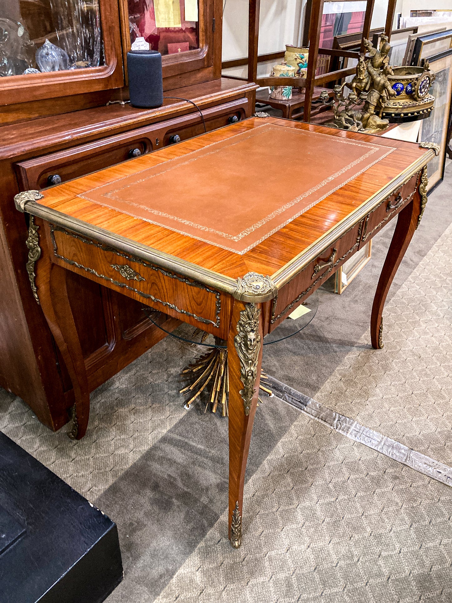 20th Century Louis XV Style Tooled Leather Top Rosewood Bureau Plat Desk Table