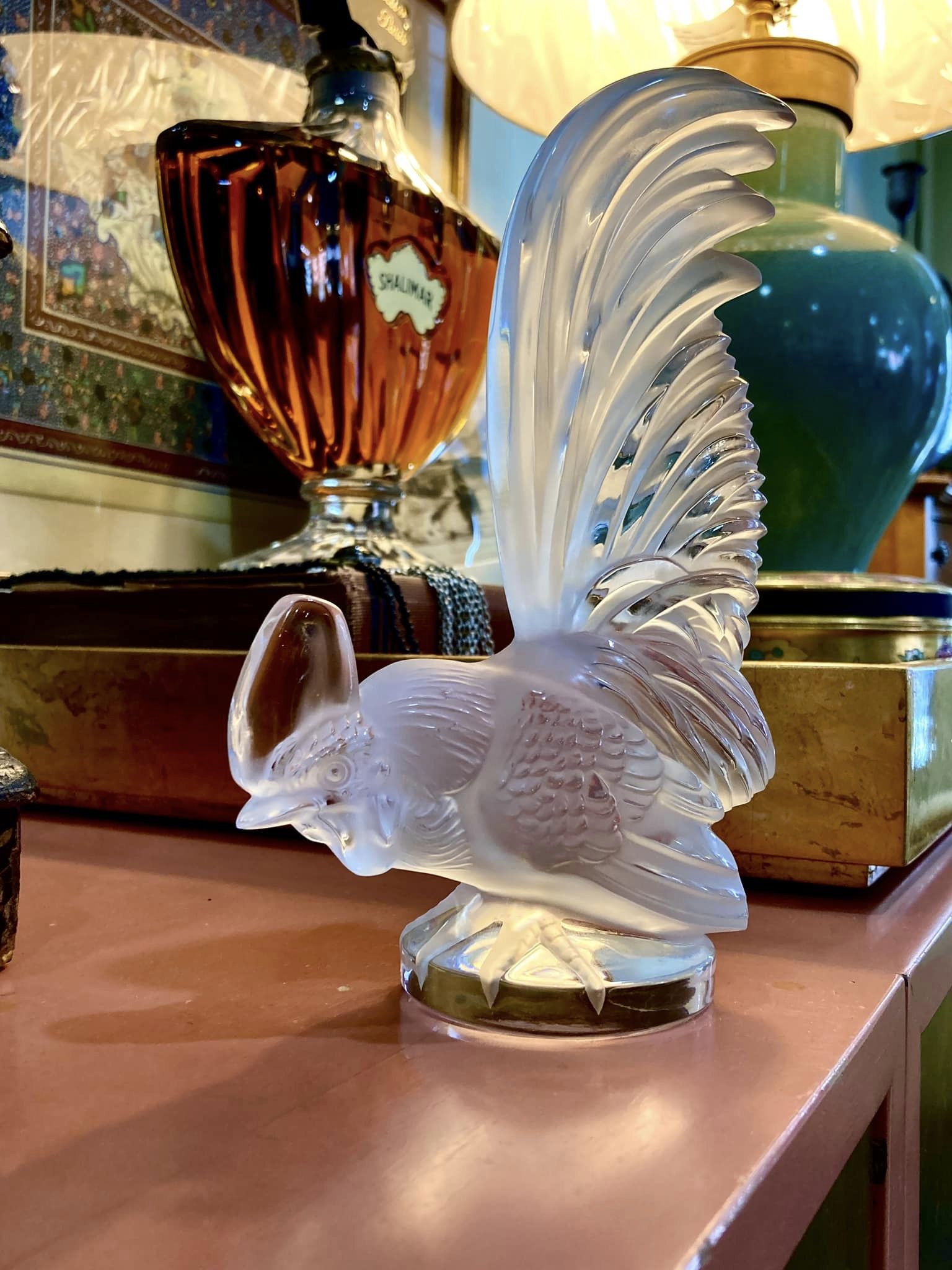 20th Century  Lalique Frosted Clear Crystal Rooster Figurine Sculpture