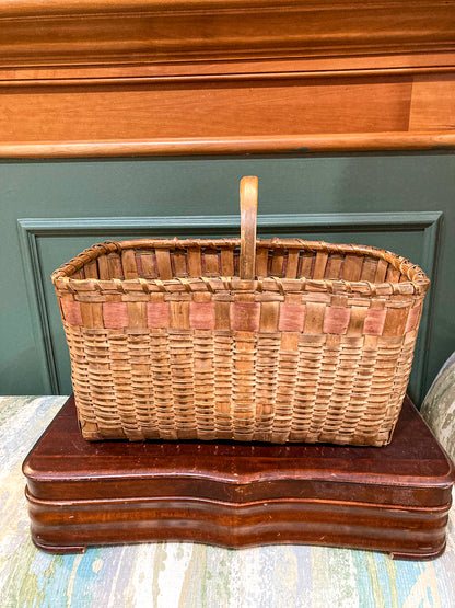 20th Century Vintage Splint Wood Angular Form Handled Rectangular Basket