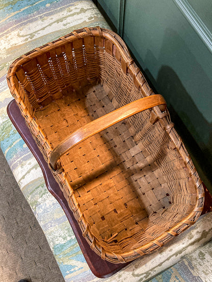 20th Century Vintage Splint Wood Angular Form Handled Rectangular Basket