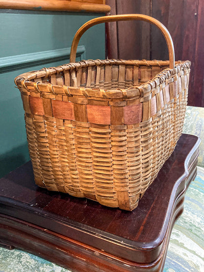 20th Century Vintage Splint Wood Angular Form Handled Rectangular Basket