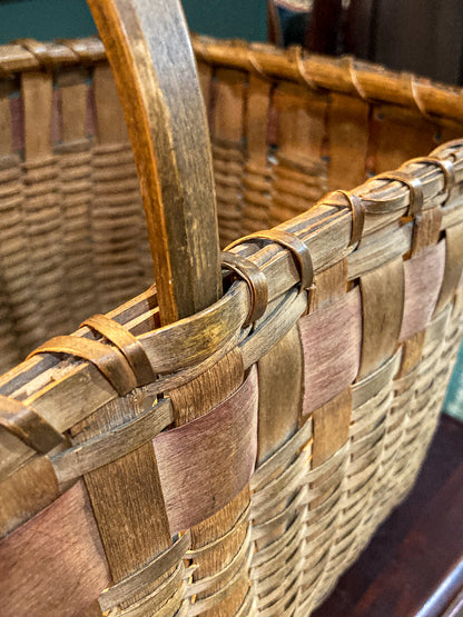 20th Century Vintage Splint Wood Angular Form Handled Rectangular Basket