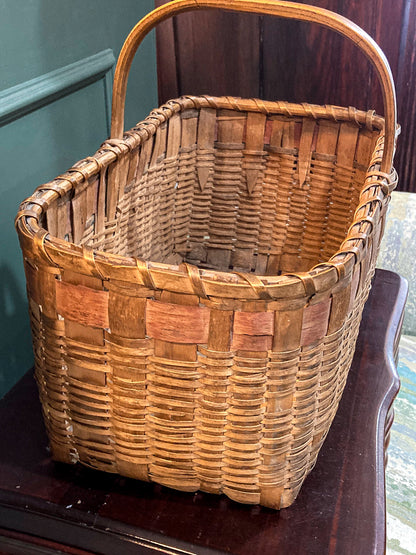 20th Century Vintage Splint Wood Angular Form Handled Rectangular Basket