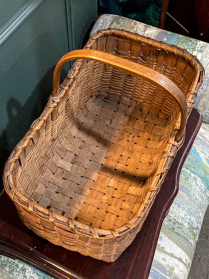 20th Century Vintage Splint Wood Angular Form Handled Rectangular Basket