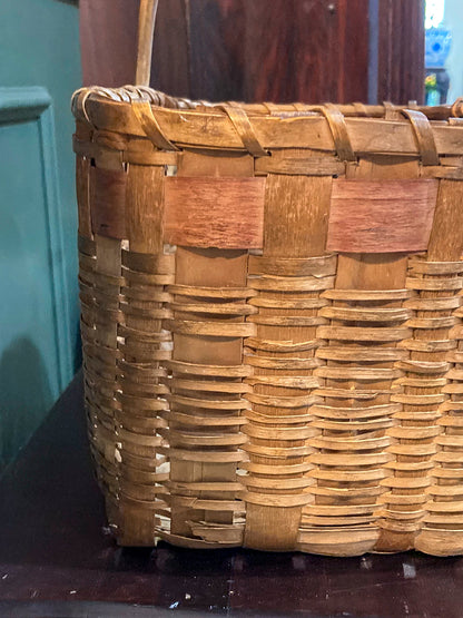 20th Century Vintage Splint Wood Angular Form Handled Rectangular Basket