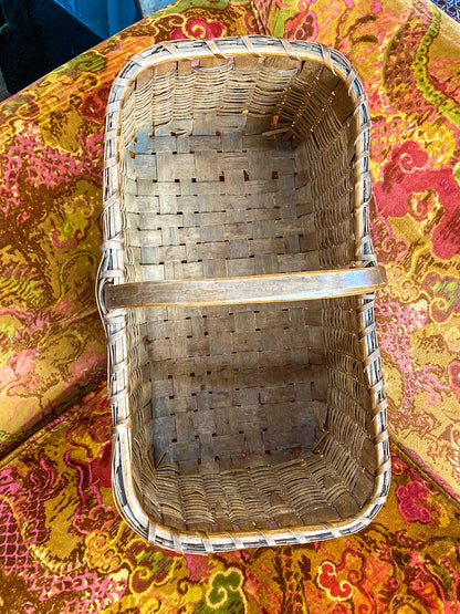 20th Century Vintage Splint Wood Angular Form Handled Rectangular Basket