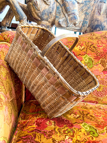 20th Century Vintage Splint Wood Angular Form Handled Rectangular Basket