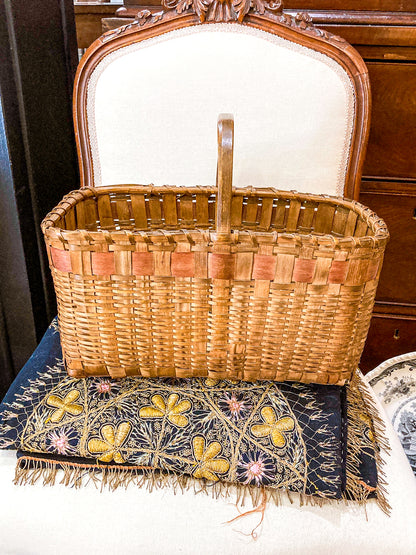 20th Century Vintage Splint Wood Angular Form Handled Rectangular Basket