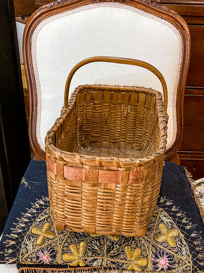 20th Century Vintage Splint Wood Angular Form Handled Rectangular Basket