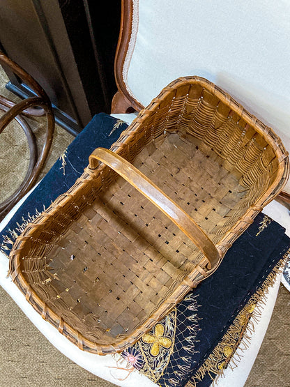 20th Century Vintage Splint Wood Angular Form Handled Rectangular Basket