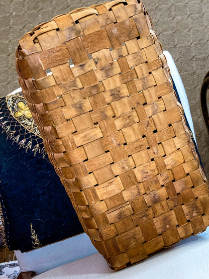 20th Century Vintage Splint Wood Angular Form Handled Rectangular Basket