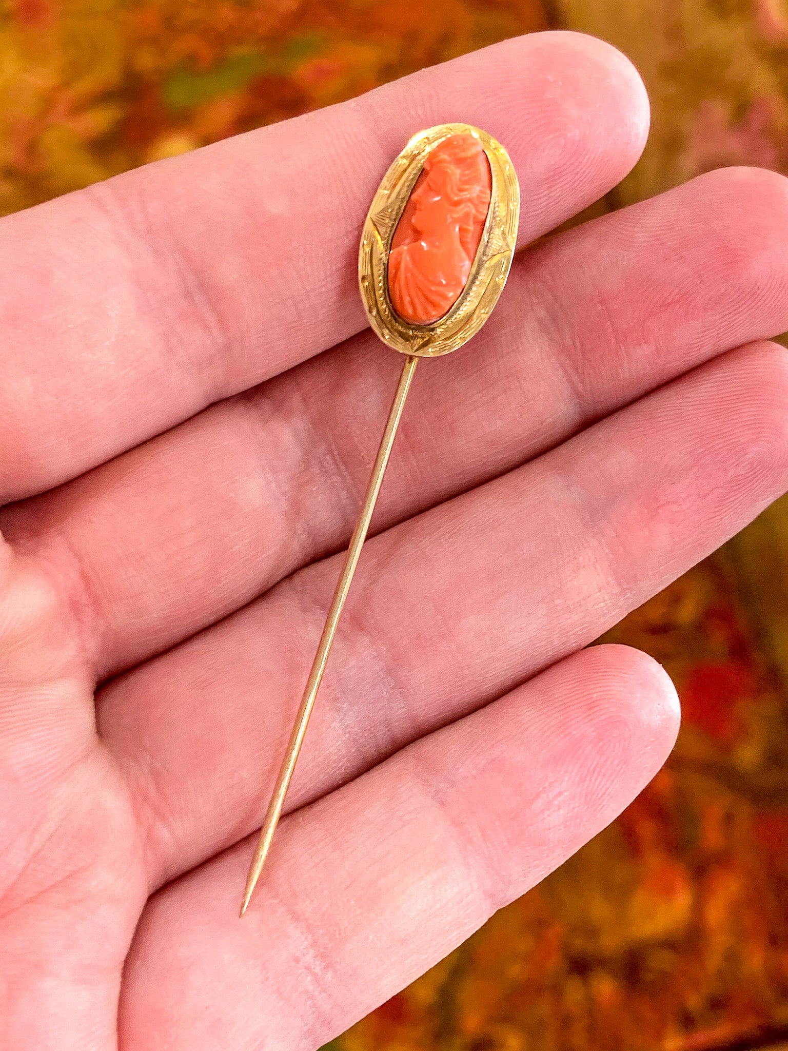 Antique 10K Yellow Gold Oval Hand Carved Coral Cameo Stick Pin