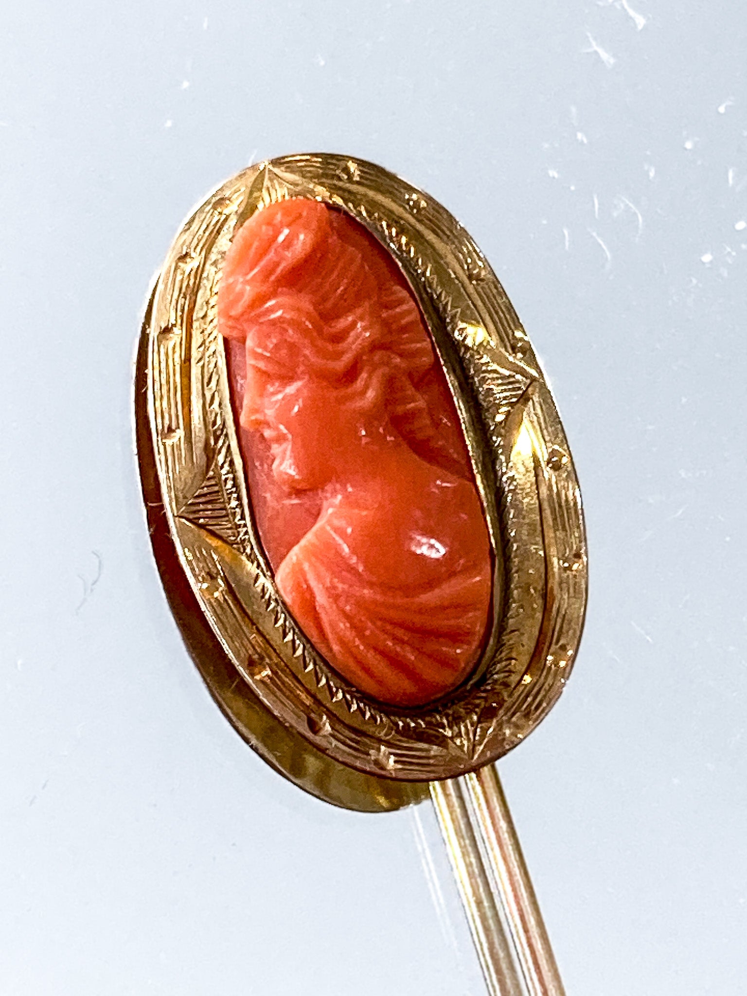 Antique 10K Yellow Gold Oval Hand Carved Coral Cameo Stick Pin