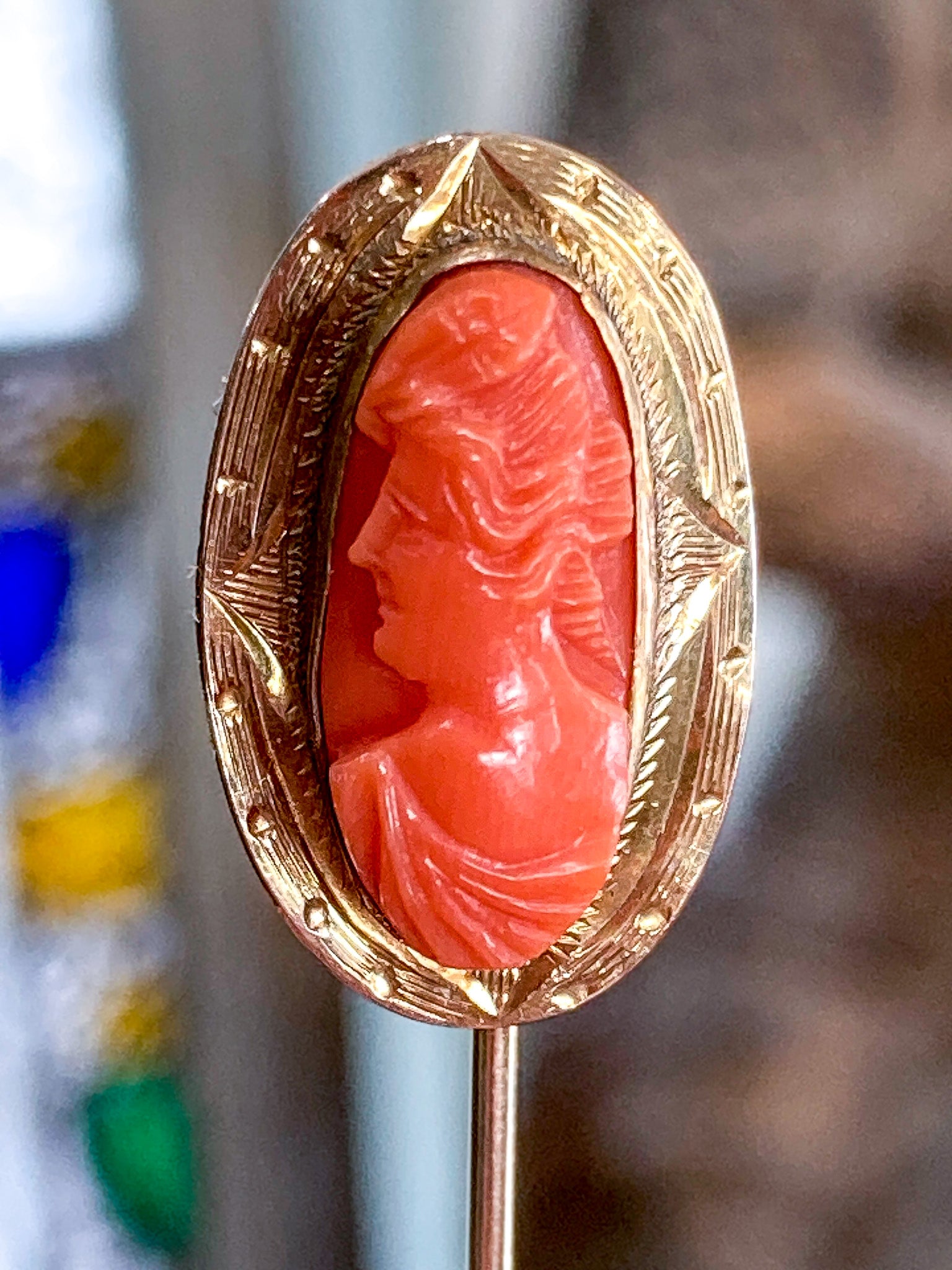 Antique 10K Yellow Gold Oval Hand Carved Coral Cameo Stick Pin