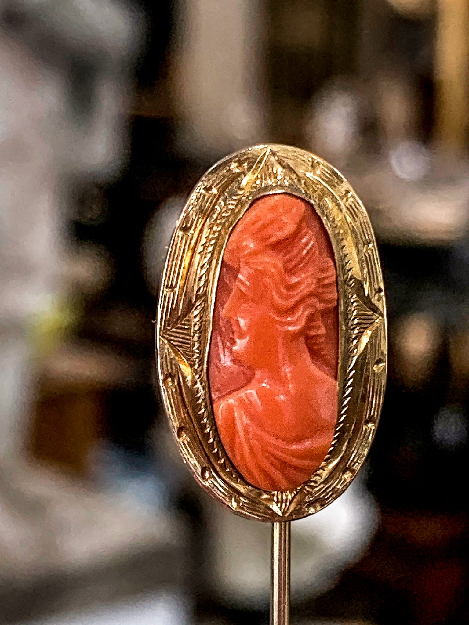 Antique 10K Yellow Gold Oval Hand Carved Coral Cameo Stick Pin