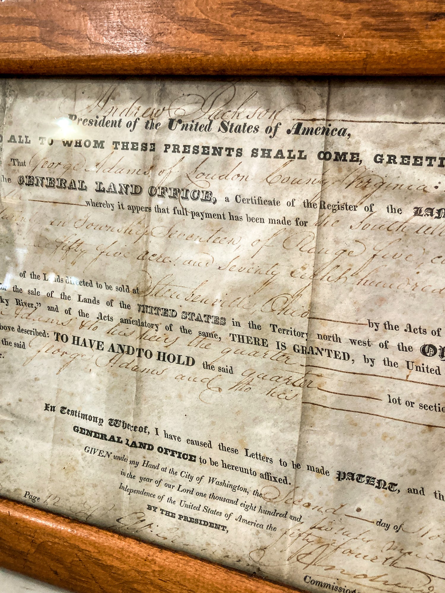 Antique 1820 President Andrew Jackson Signed Steubenville OH Framed Land Grant