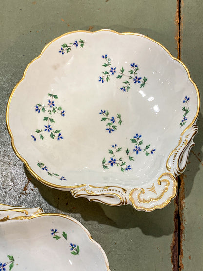 Antique Pair 1820 Shell-Shaped Blue Flower Gilt English Porcelain Bowls
