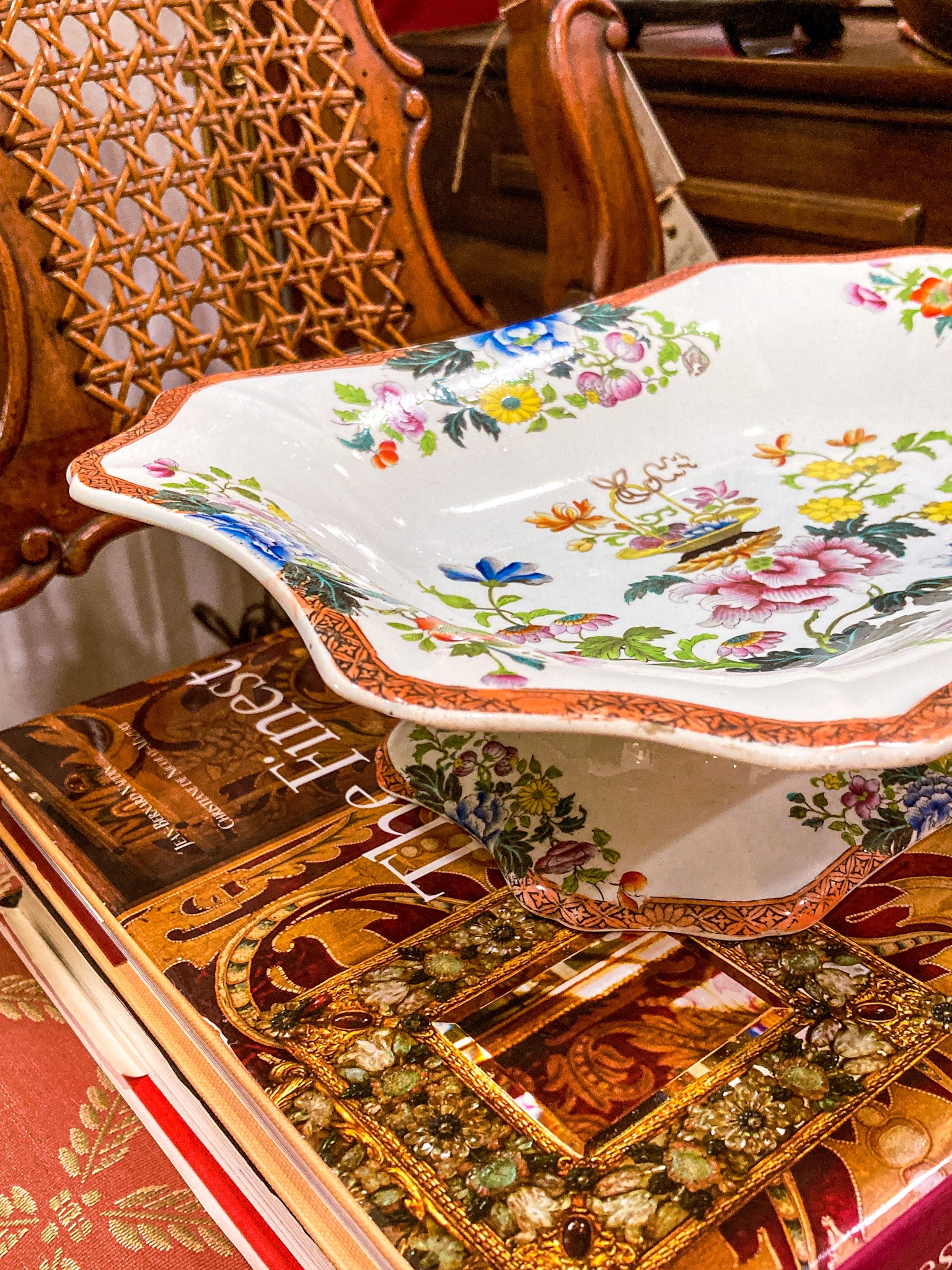 Antique 1850s Wedgwood Enameled Multicolor Floral Footed Compote Dish