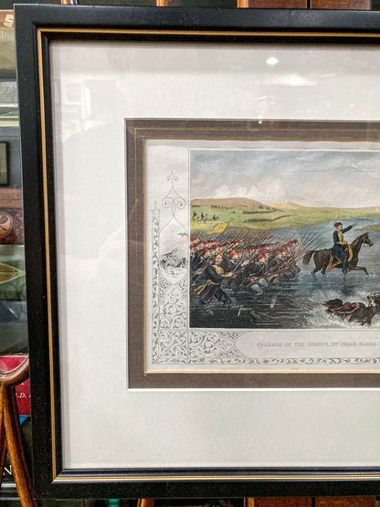 Antique 1854 Pair J. Hine W. Hulland Framed Crimean War Color Lithographs