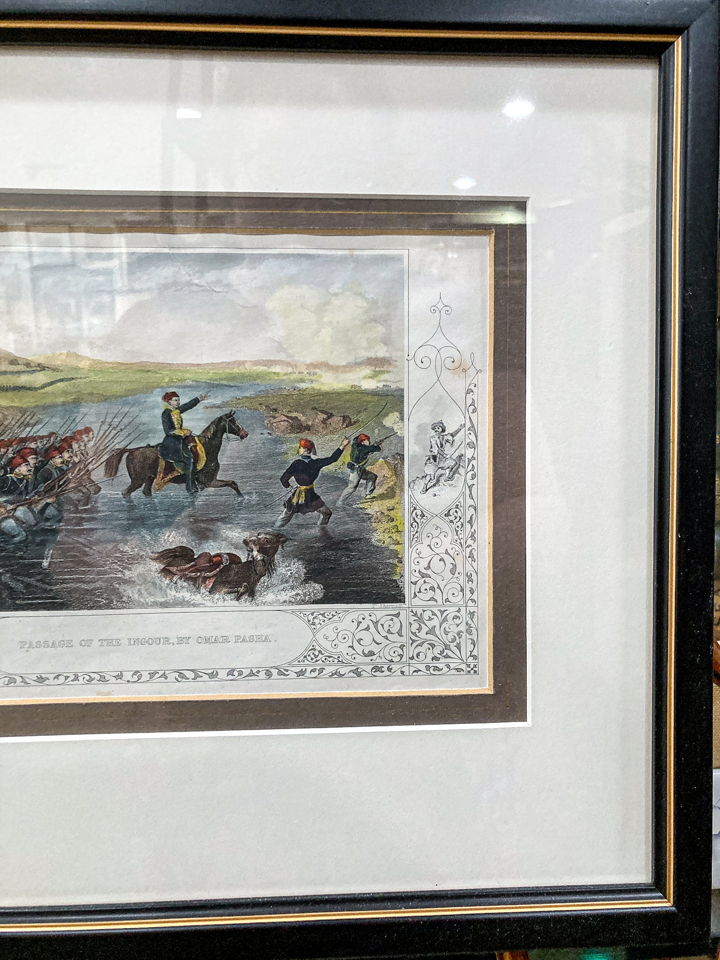 Antique 1854 Pair J. Hine W. Hulland Framed Crimean War Color Lithographs