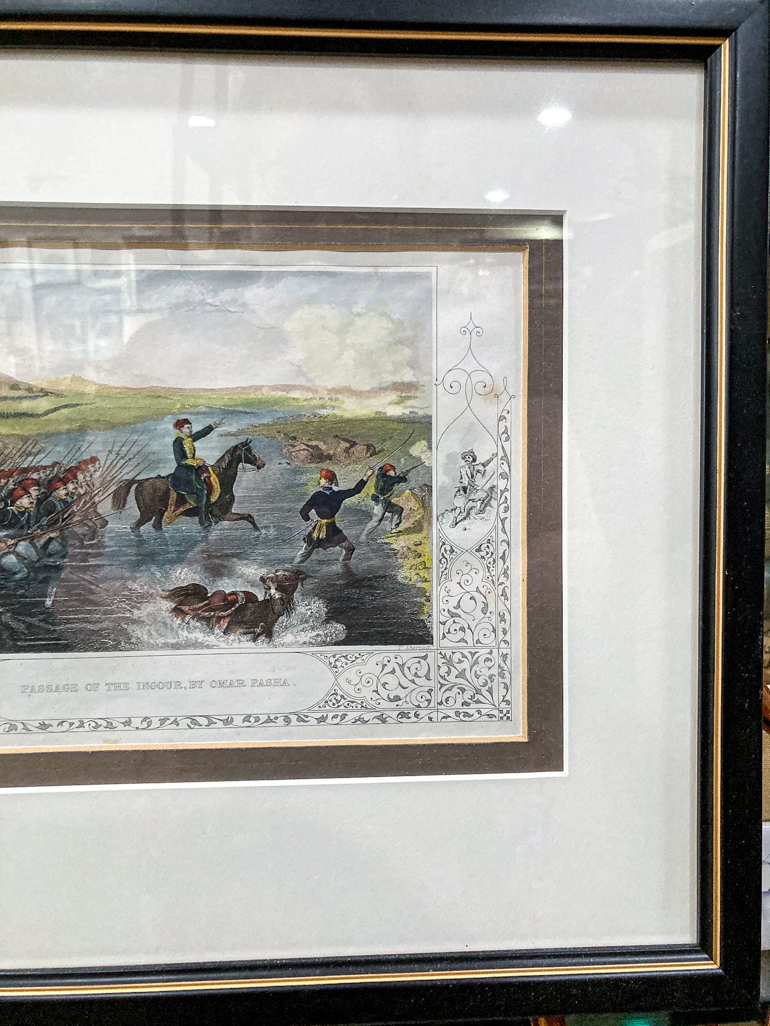 Antique 1854 Pair J. Hine W. Hulland Framed Crimean War Color Lithographs