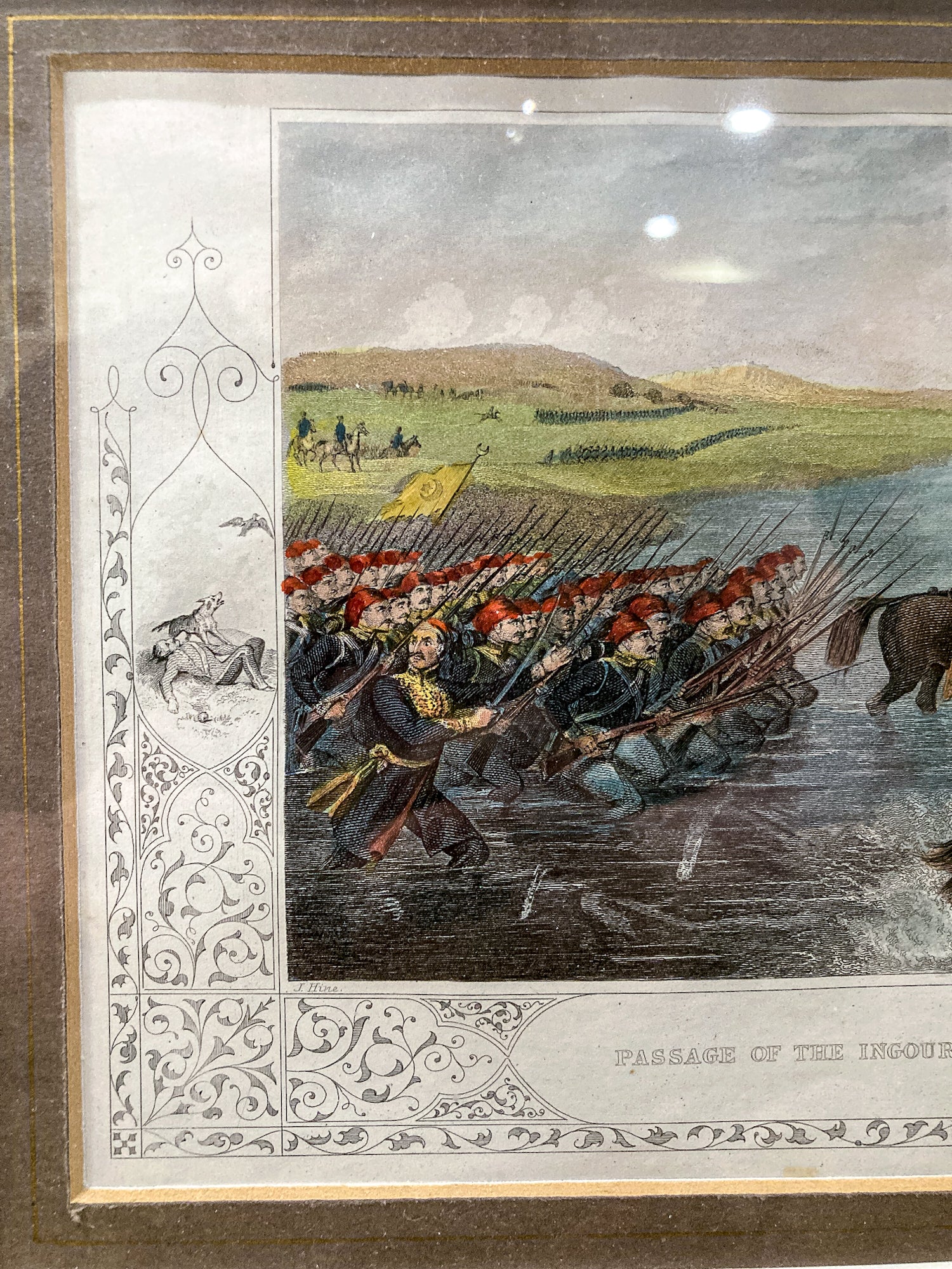 Antique 1854 Pair J. Hine W. Hulland Framed Crimean War Color Lithographs