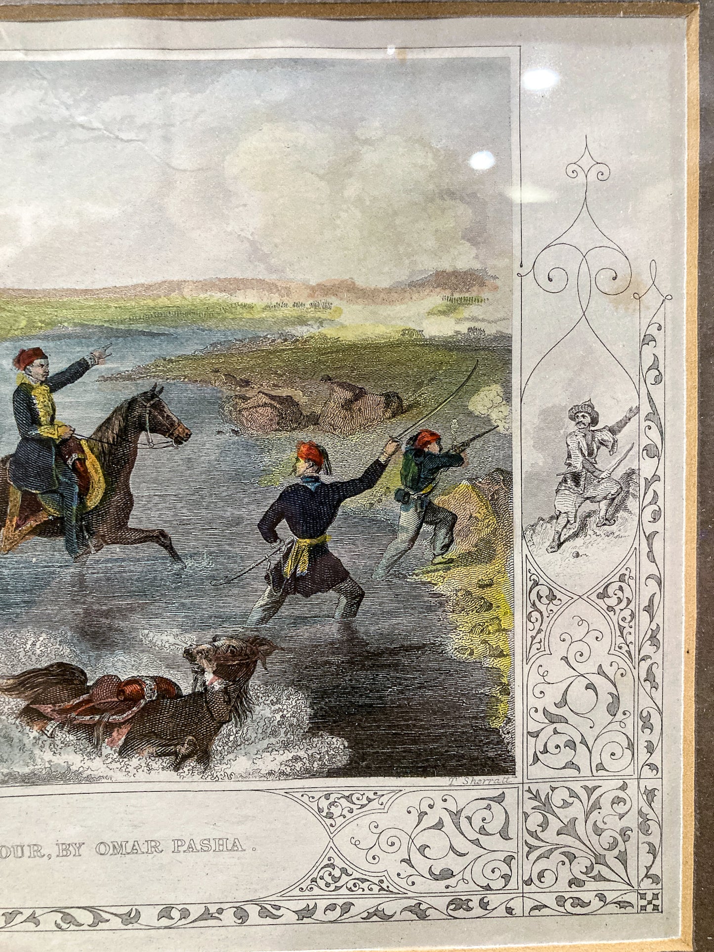 Antique 1854 Pair J. Hine W. Hulland Framed Crimean War Color Lithographs