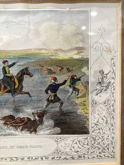 Antique 1854 Pair J. Hine W. Hulland Framed Crimean War Color Lithographs