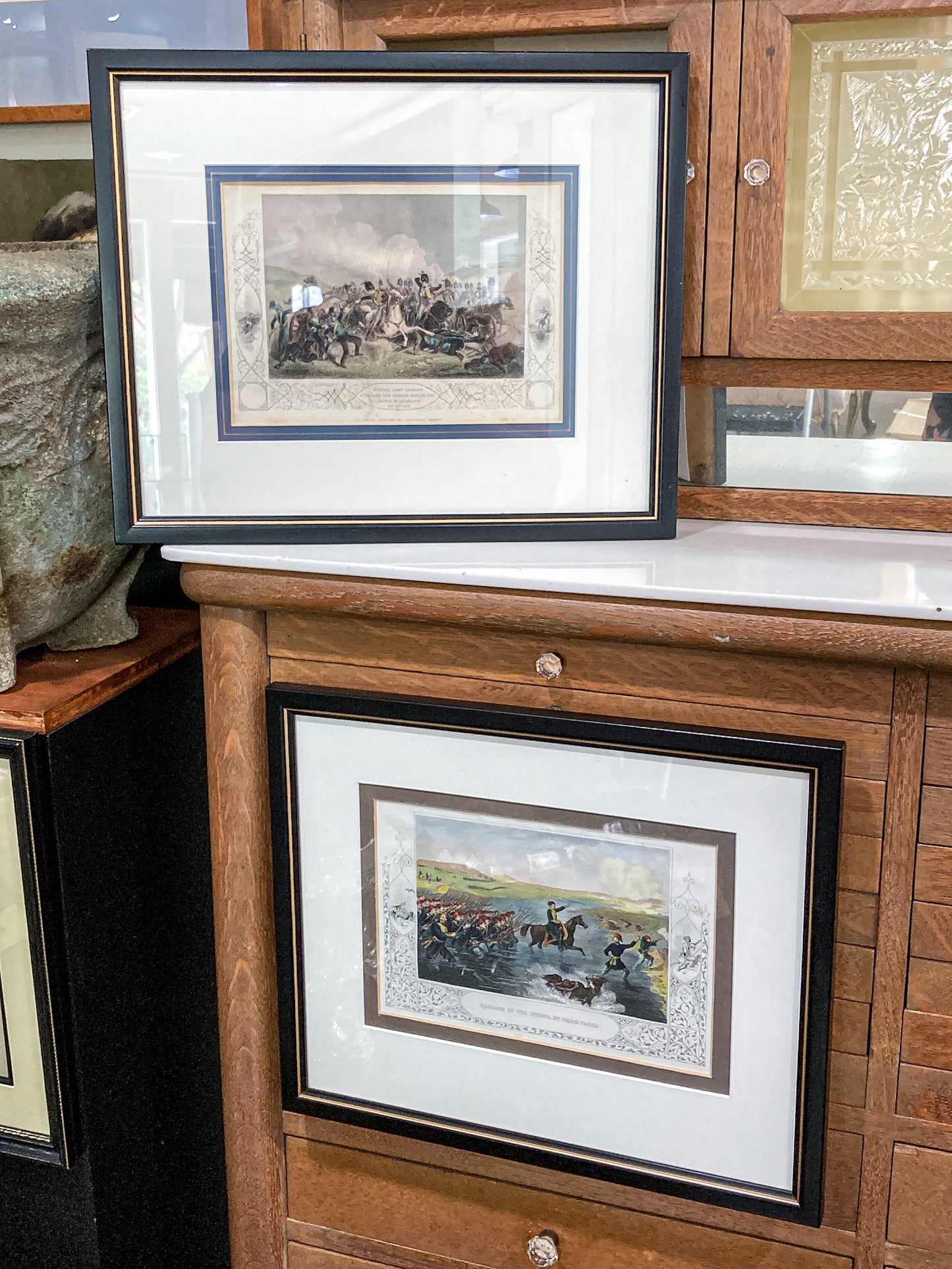 Antique 1854 Pair J. Hine W. Hulland Framed Crimean War Color Lithographs