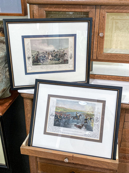 Antique 1854 Pair J. Hine W. Hulland Framed Crimean War Color Lithographs