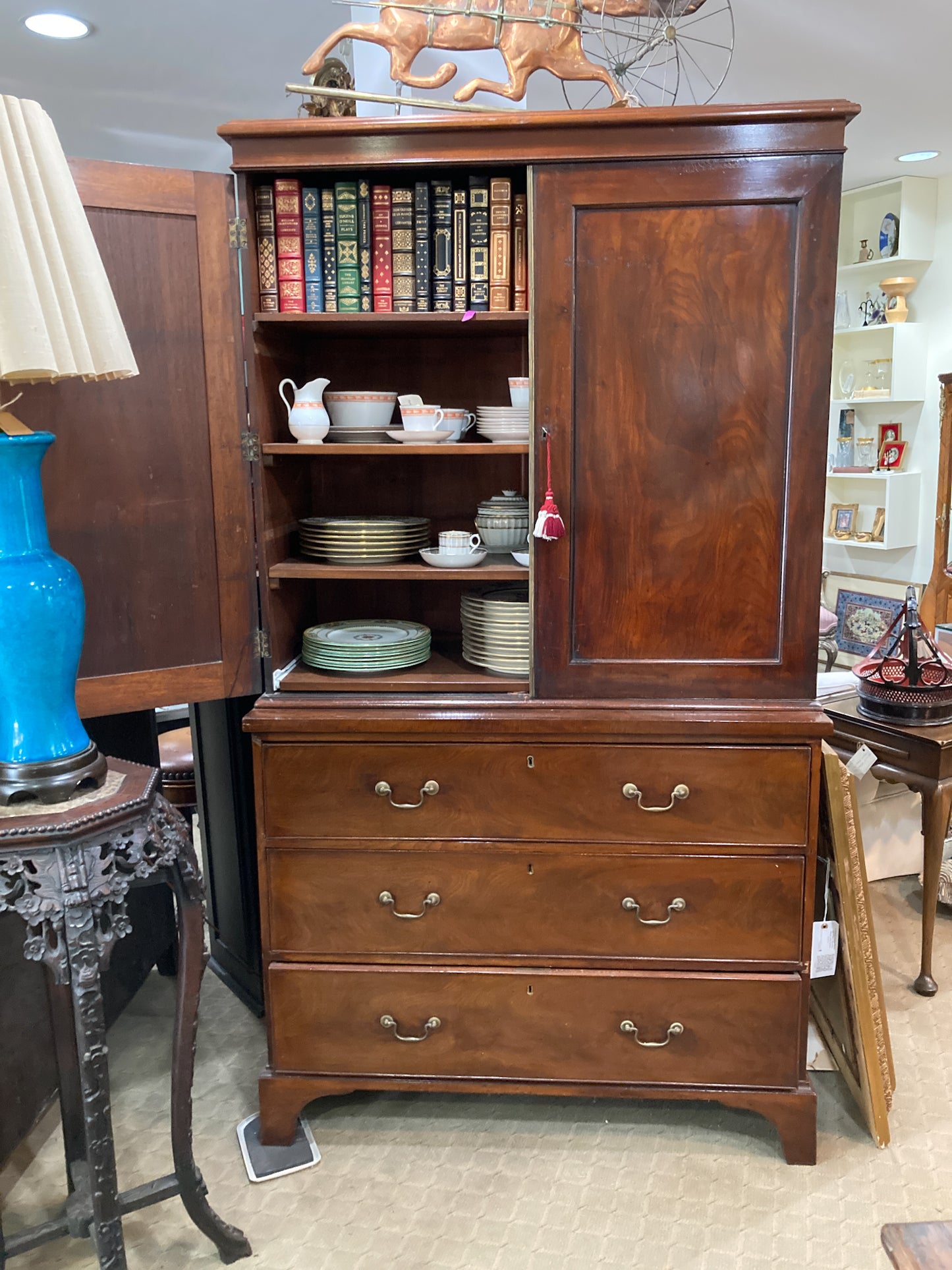 Antique 18th Century Linen Press Mahogany Wood Closed Bookcase Cabinet