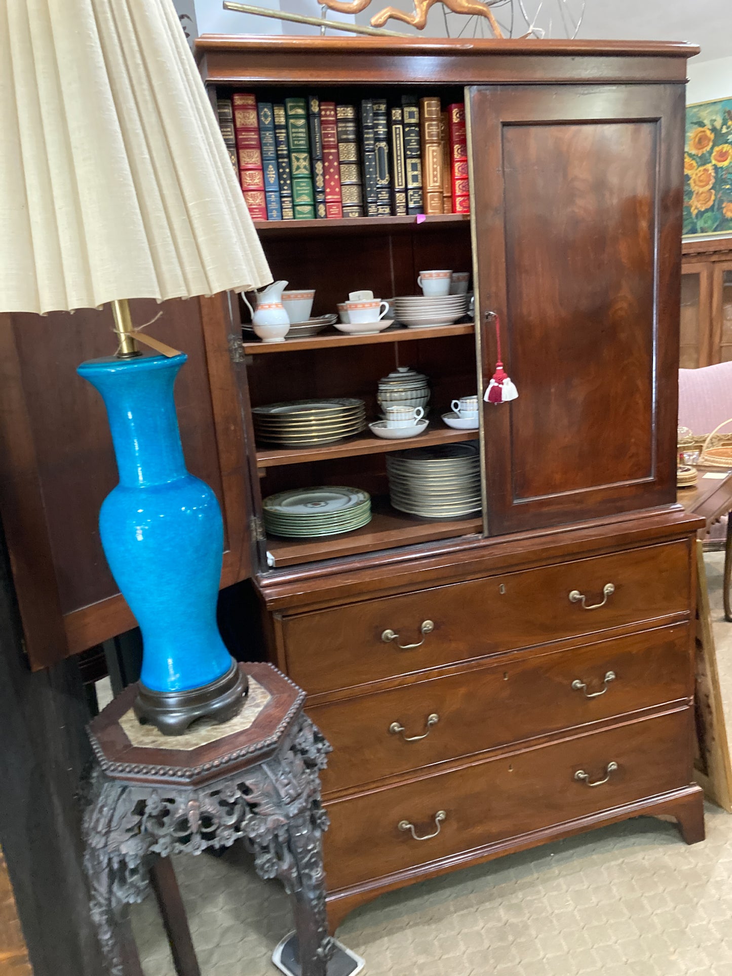 Antique 18th Century Linen Press Mahogany Wood Closed Bookcase Cabinet