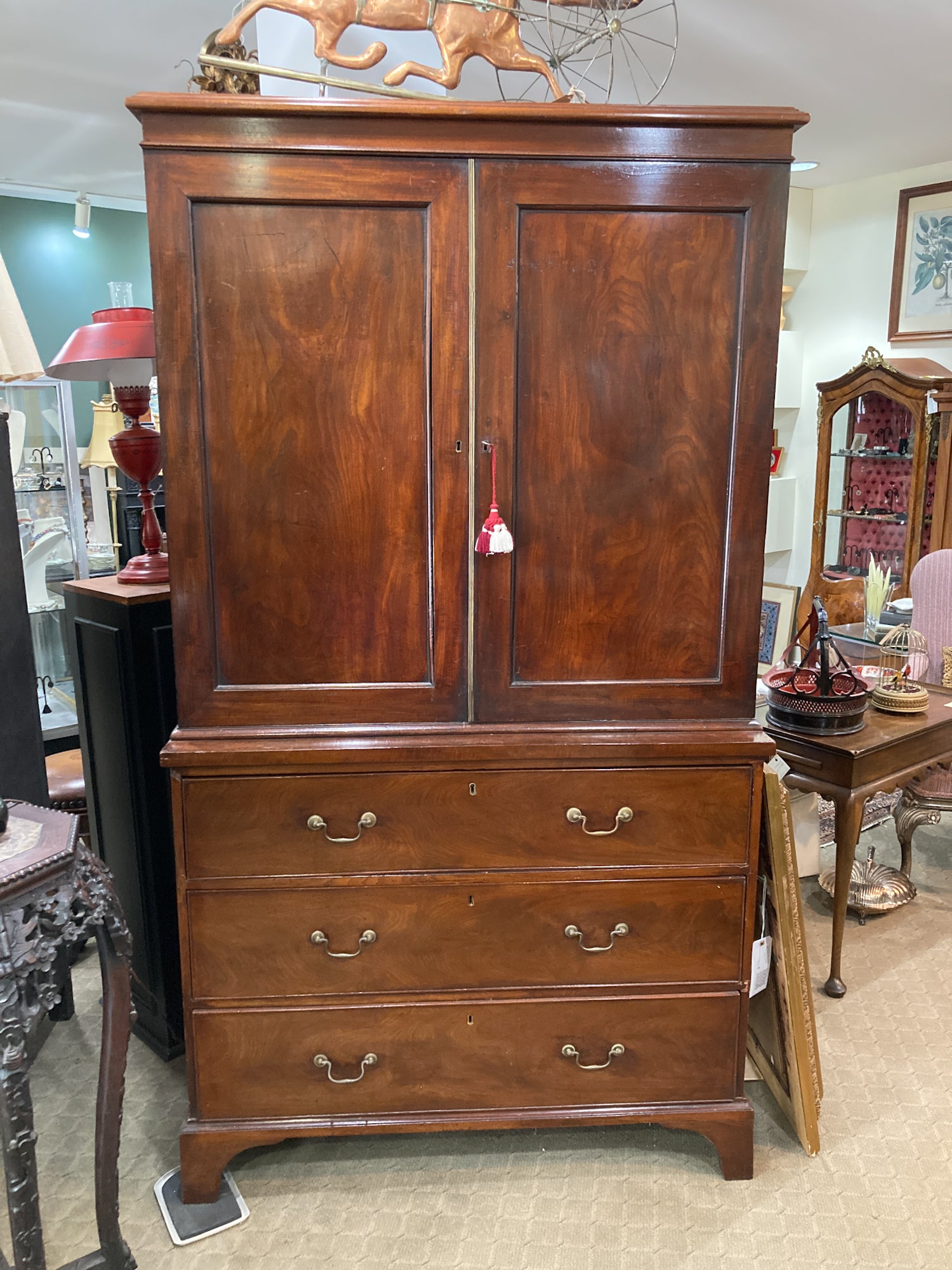Antique 18th Century Linen Press Mahogany Wood Closed Bookcase Cabinet