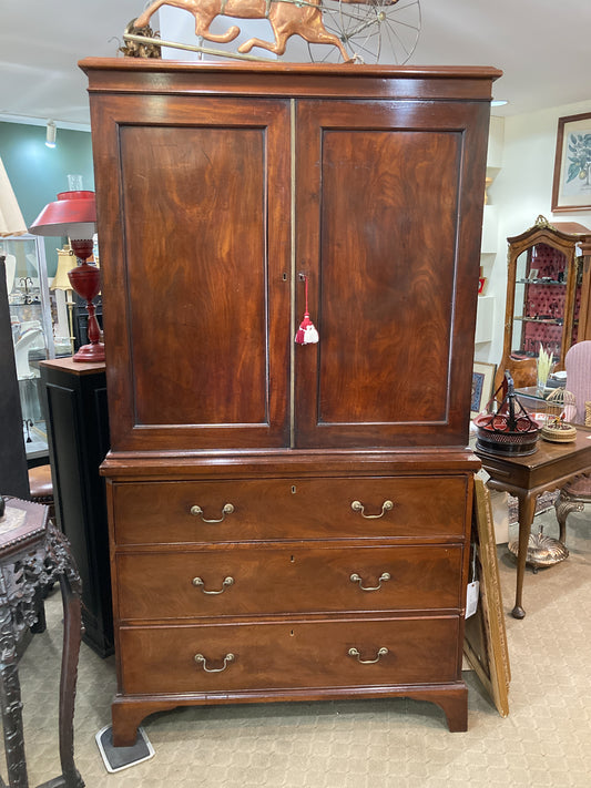 Antique 18th Century Linen Press Mahogany Wood Closed Bookcase Cabinet